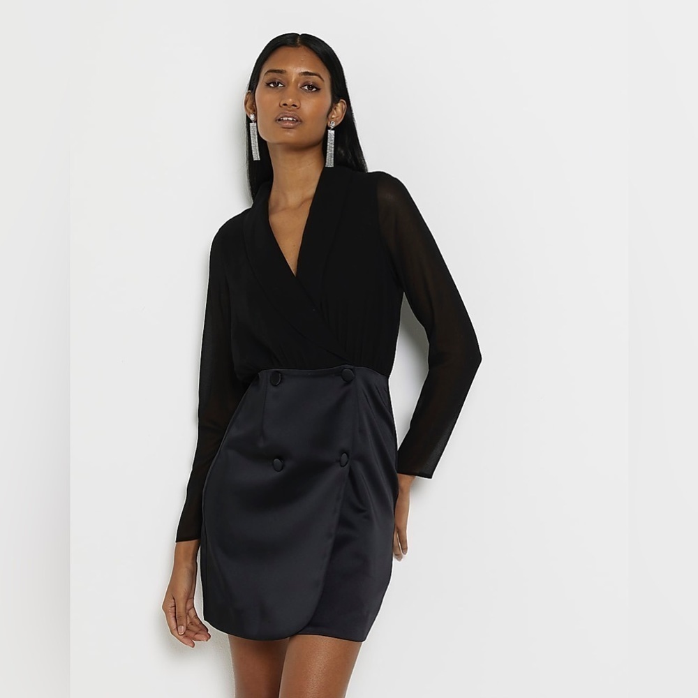 New River Island BLACK SATIN WRAP BLAZER DRESS WITH SHEER TOP